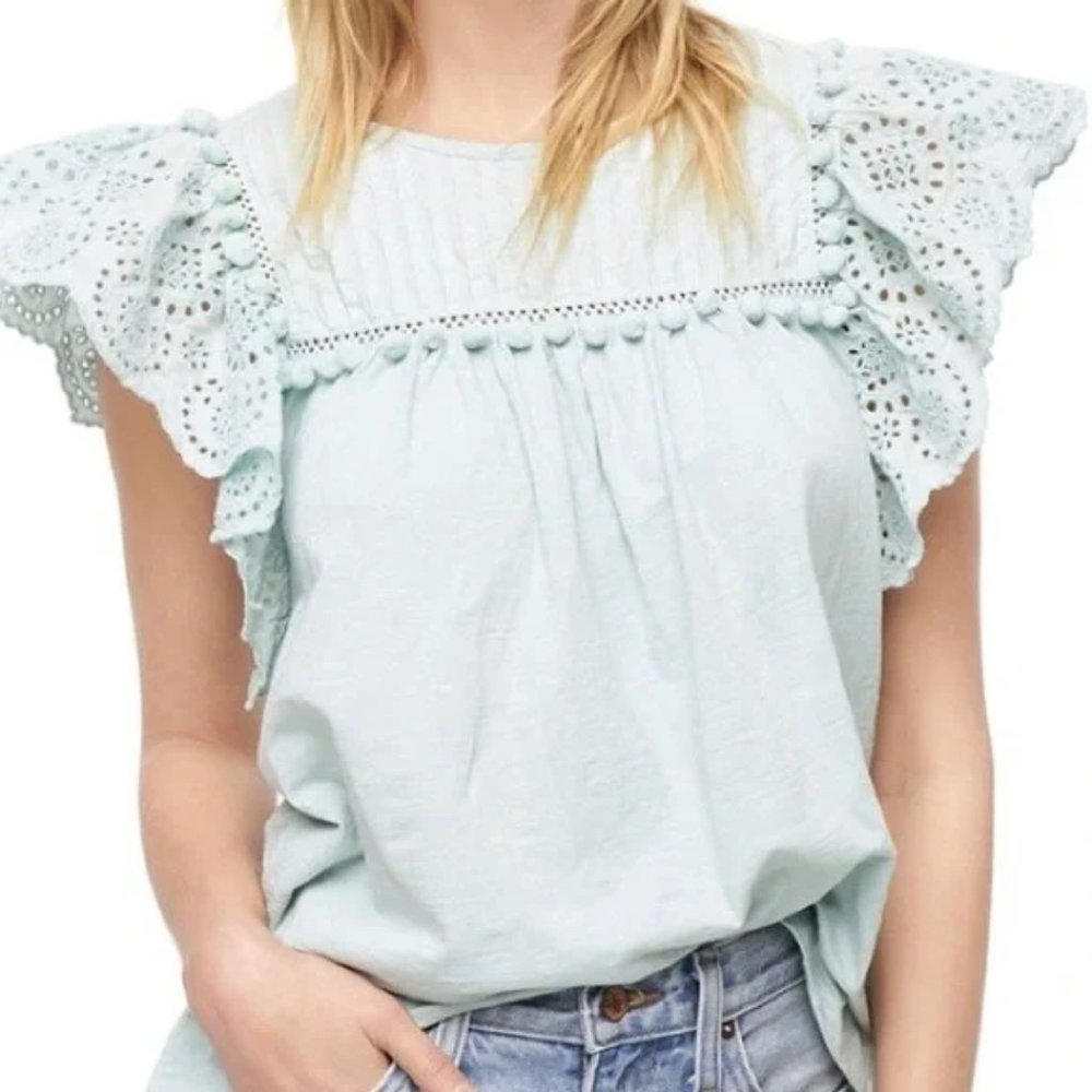 JCrew Eyelet Flutter Top w/ Pompom Details